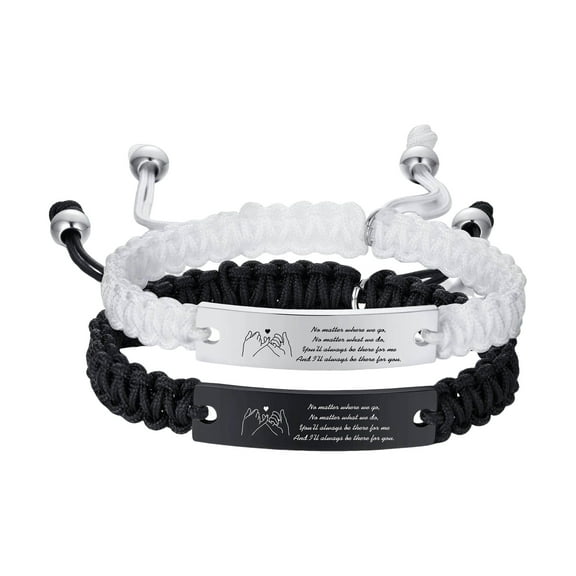 HUANLEDASH 2Pcs/Set Couple Bracelet Stainless Steel Carved Letter Plate Braided Bracelet Black White Rope Matching Bracelet Jewelry Accessories