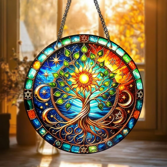 Tree of Life STAINED GLASS Suncatcher Ã¢â‚¬â€œ Celestial Sun Moon Star Window Hanging, Spiritual Boho Decor, Rainbow Chakra Art Panel Decor