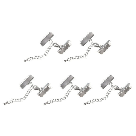 5Sets Ribbon Crimp Clamp Ends Lobster Claw Clasps & Chain 20mm Silver