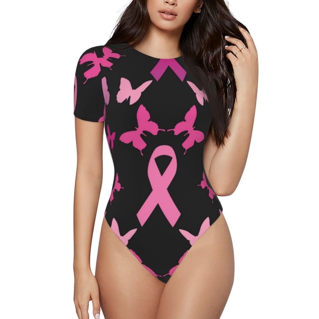 Saiise Motif Cancer du Sein Combinaison à Manches Courtes pour Femmes Pyjama Col Rond Justaucorps Extensible avec Fermeture à Pression-Petit