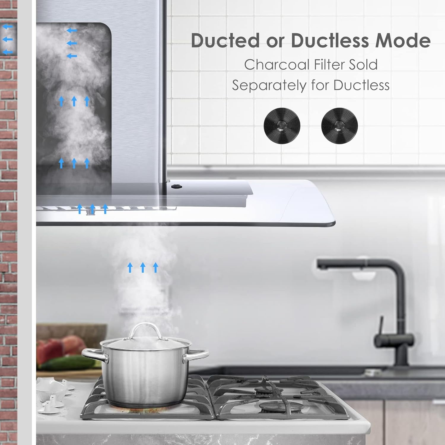 Range Hood 30 Inch, Tieasy Wall Mount Kitchen Hood with Ducted / Ductless Convertible Duct, Stainless Steel Chimney and Aluminum Filters, LED Lights, 3 Speed Fan, Push Button