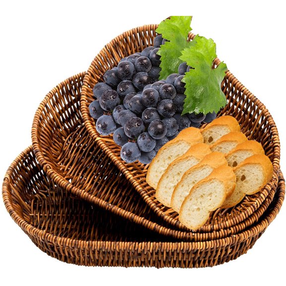 Set of 3 Wicker Bread Baskets,Bexikou Tabletop Food Serving Baskets Trays, Handwoven Storage Basket Bin,Fruit Vegetables Sundries Storage Basket for Home, Restaurant, Bakery (11'',9.4'',8.3'')