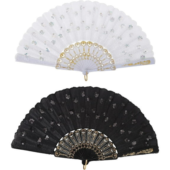 LINLIN 2 Pieces Handheld Fan Folding, Black and White Embroidered Sequin Fan Rave fan Peacock Pattern Hand Fan Craft Fan for Birthday Wedding Party Decoration Stage Performance Props