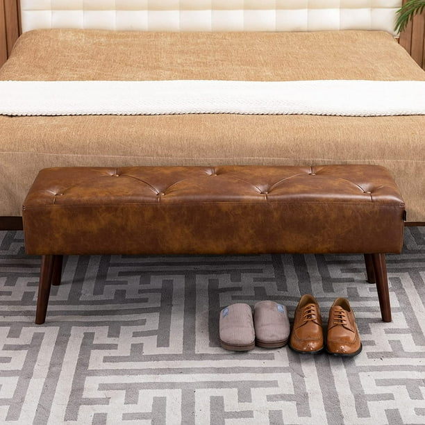 HOMCOM Bedroom Bench, End Of Bed Bench With Button Tufted Design, PU Leather Upholstered Entryway Bench With Wood Legs, Brown | Canada