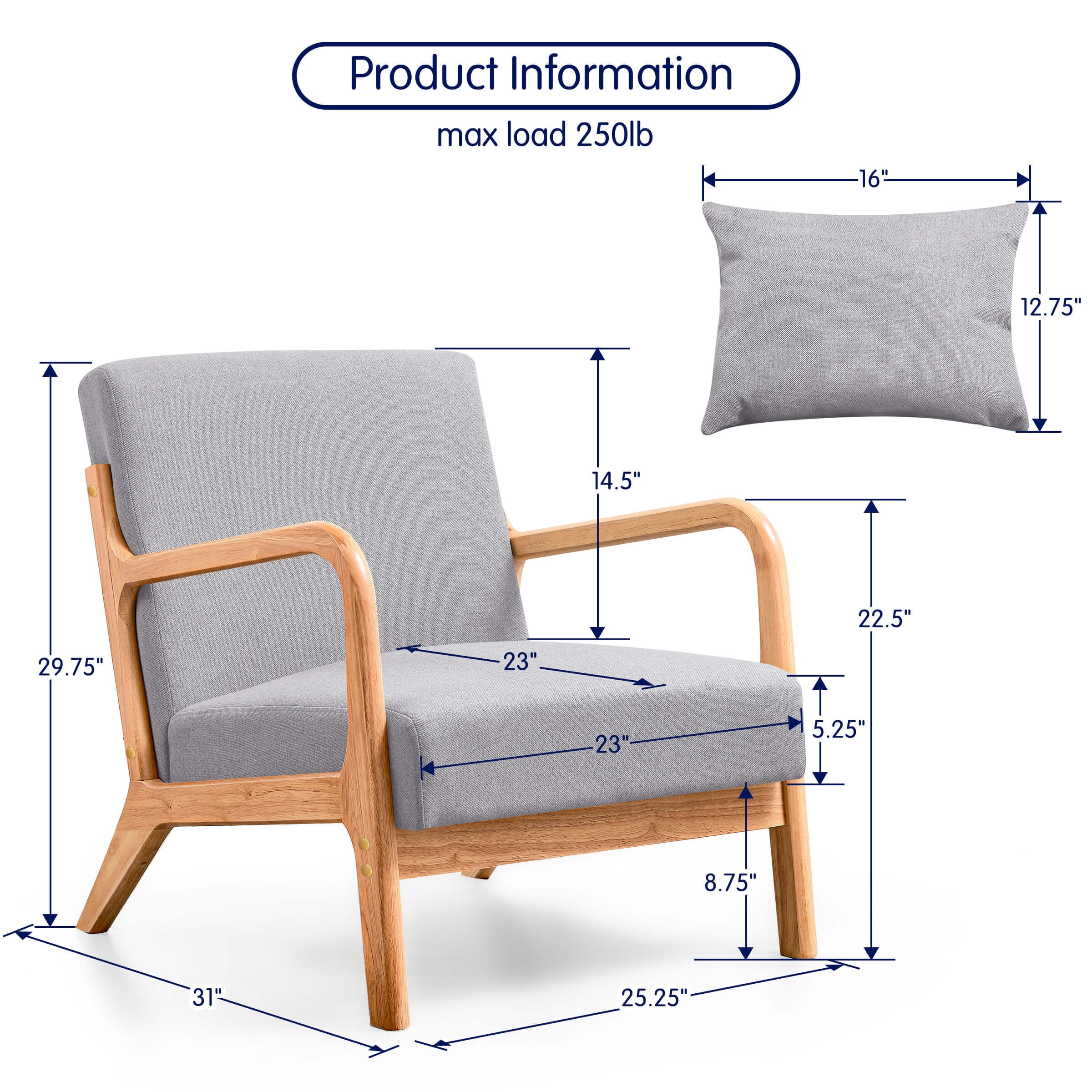 Subrtex Modern Accent Chair Linen Upholstered Arm Chairs with Solid Wood Frame, Gray