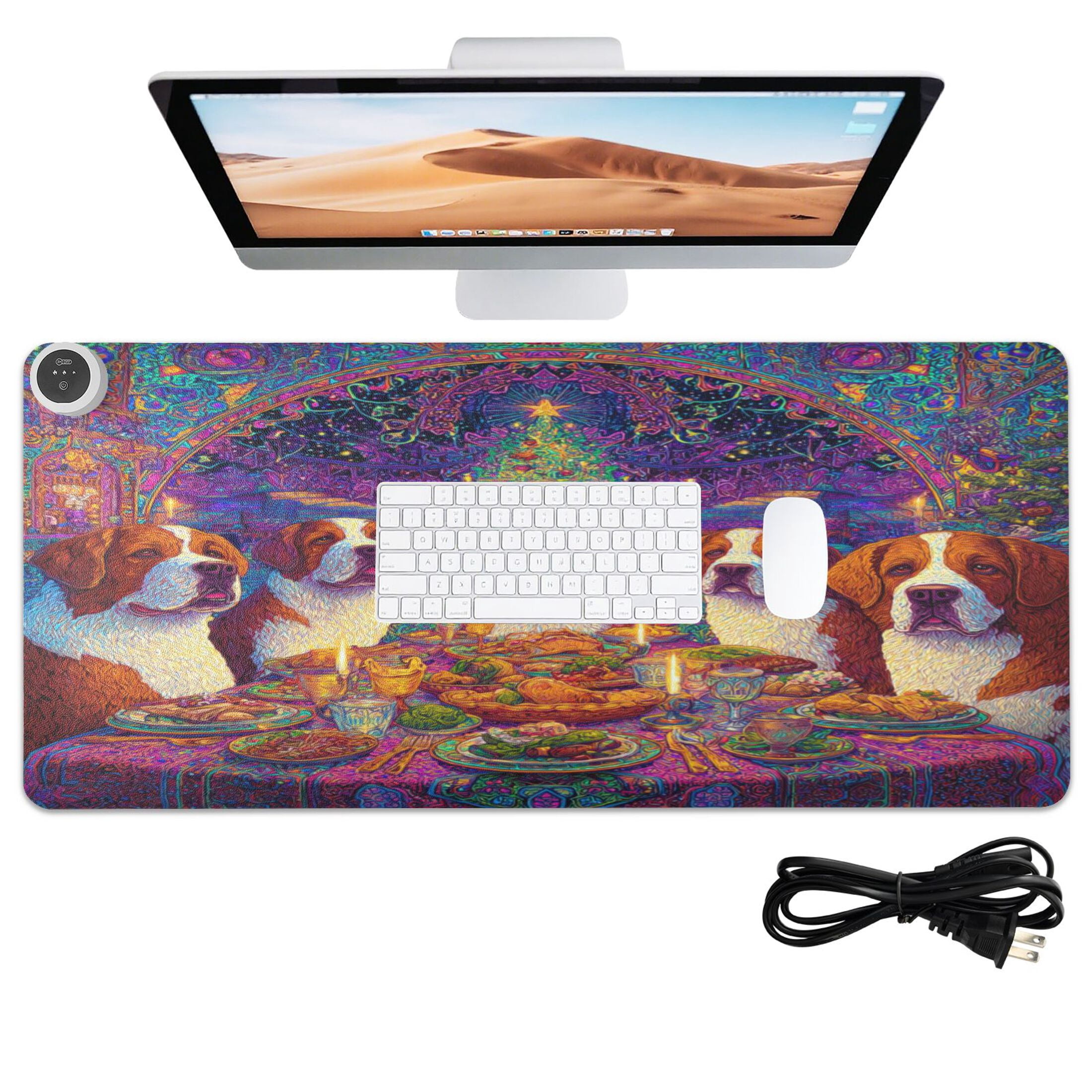 Large Heated Desk Mat Mouse Pad 31.5"x13"PU Leather Graphene Heating Desk Warmer with 3 Temperature Settings 110V US Plug Non-Slip Warm Pad for Home, Office, and Gaming Big Dogs Celebrating Christmas