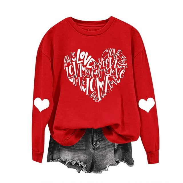 RKSTN Chandail de la Saint-Valentin pour Femmes avec Cœur Imprimé, Chandail Uni à Col Rond, Manches Longues, Coupe Ample