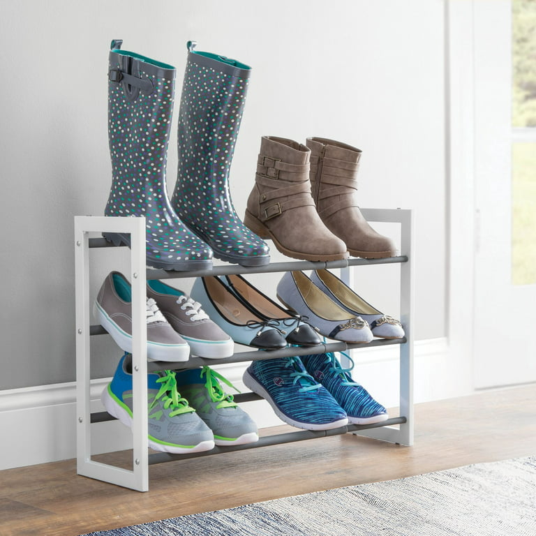 White/Gray Metal 3 Tier Adjustable/Expandable Shoe and Boot Rack