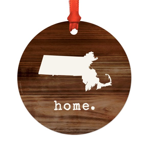 US State Round Metal Christmas Ornament, Rustic Wood Print, Massachusetts, Includes Ribbon and Gift Bag