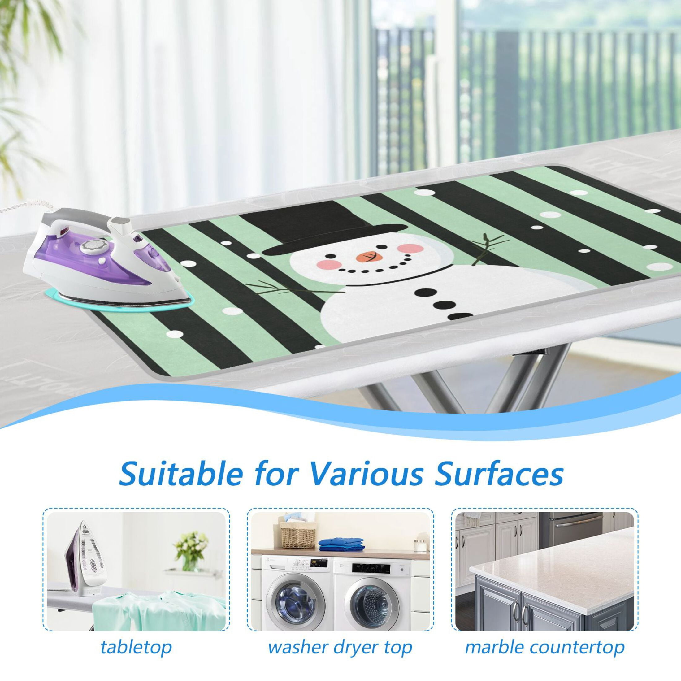 Vertical Green-black Stripes Snowman Ironing Mat Blanket Portable Travel Ironing Pad Heat Resistant Pad 47.2" x 27.6”