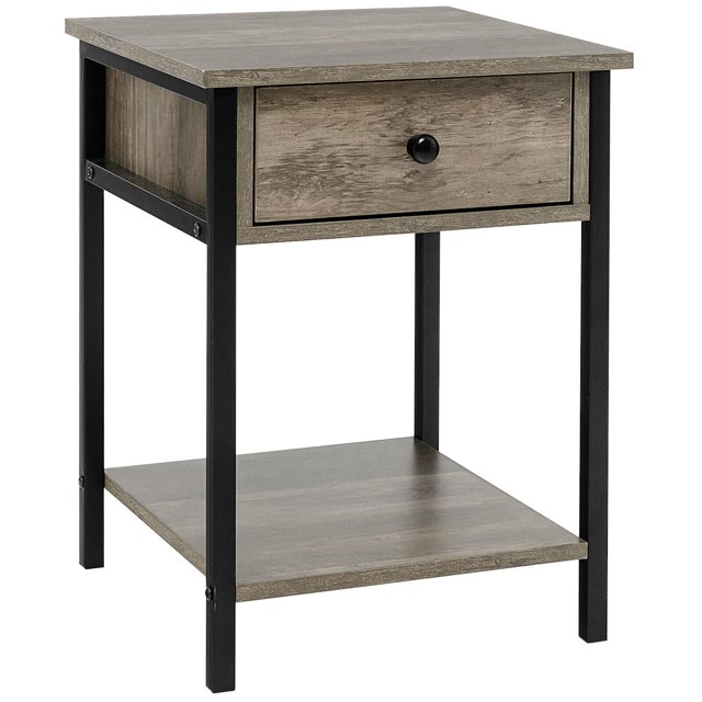 Gymax Industrial End Side Table Nightstand with Drawer Shelf Rustic Grey Oak