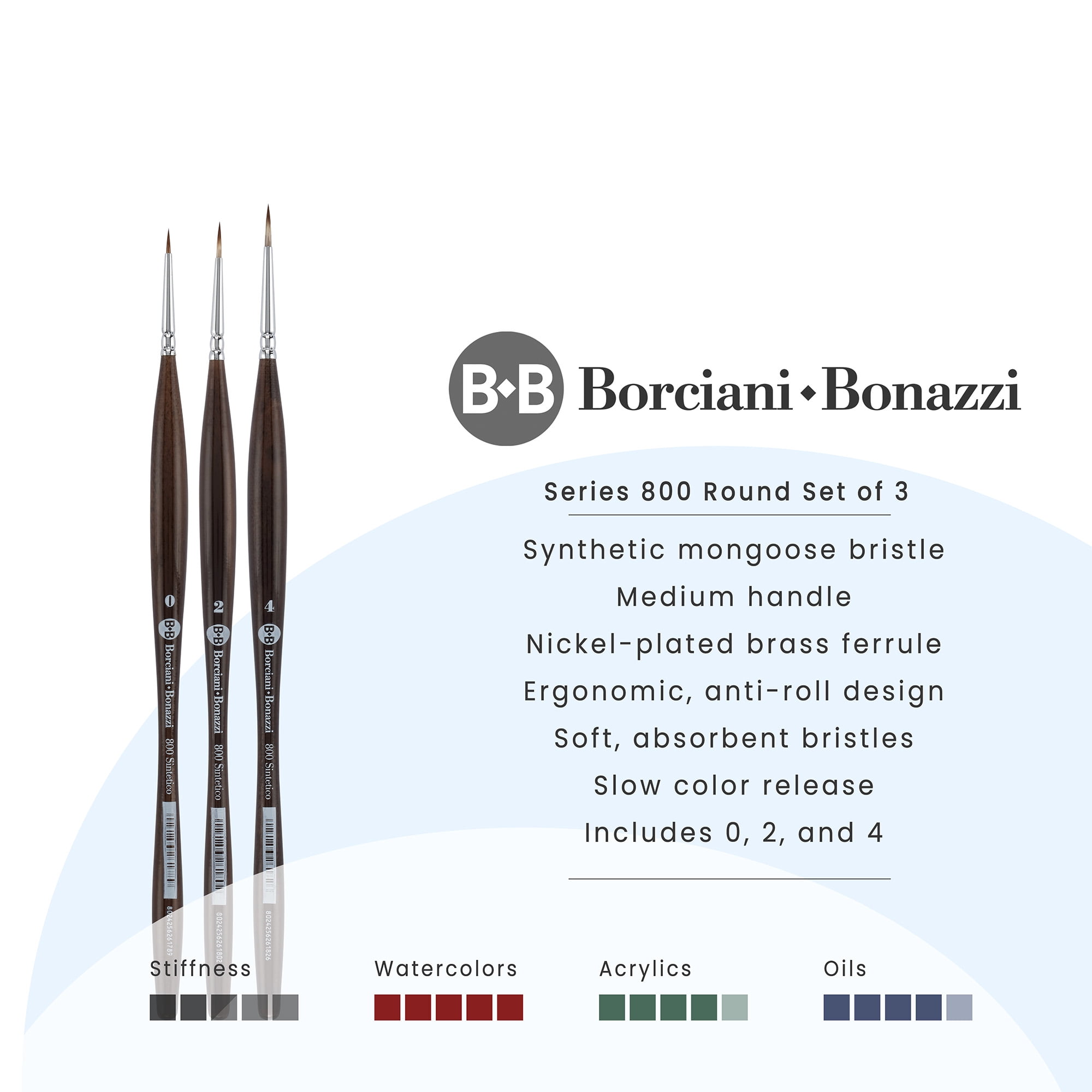 Borciani e Bonazzi Unico Synthetic Mongoose Artist Paint Brush - Series 800 Round - Set of 3 - Watercolors, Oil & Acrylic Paint - Handcrafted in Italy, Anti-Roll Design, Ergonomic Medium Handle