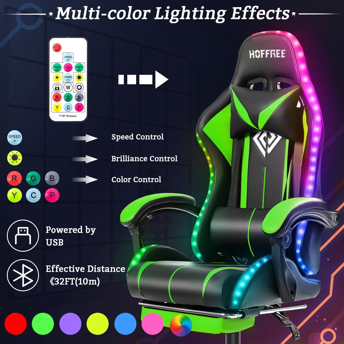 Hoffree Gaming Chair with Massage PU Leather Office Chair with Footrest and LED Light Ergonomic Gamer Chair Lumbar Support Adjustable Headrest High Back Computer Desk Chair for Home Office