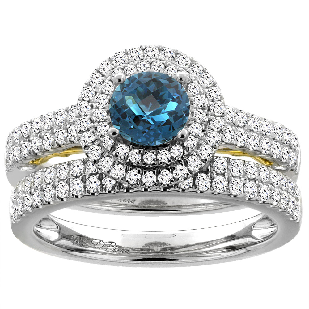 14K White Gold Diamond Natural London Blue Topaz Halo Engagement Bridal Ring Set Round 6 mm, size 5.5 by Gabriella Gold