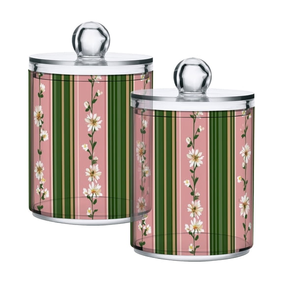 Pink Green Stripes with Small White Flowers Translucent Plastic Cans Storage Canisters with Lid Set of 2