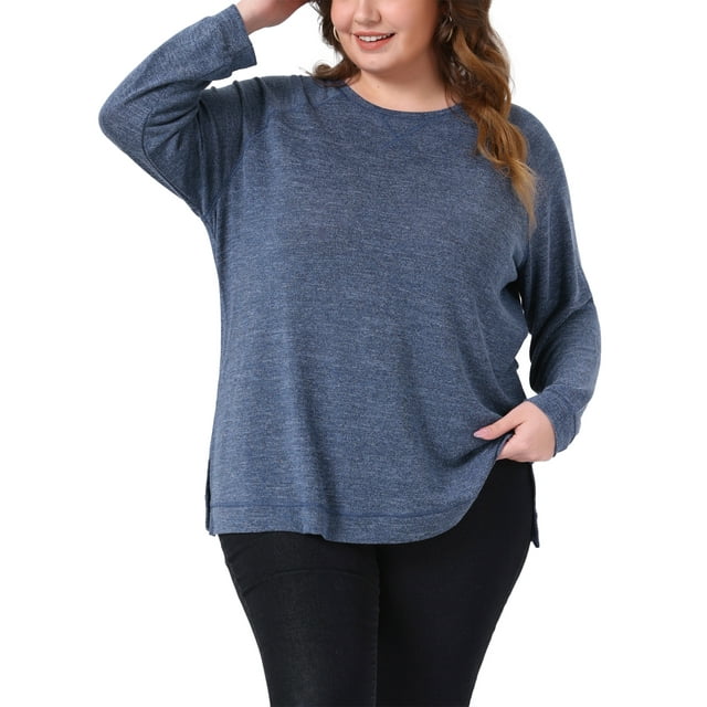 Sudaderas de Talla Grande para Mujeres Otoño 2025 Con Corte Lateral de Manga Larga Cuello Redondo Casual Suéter Suelto Top de Tejido 4X Azul Oscuro