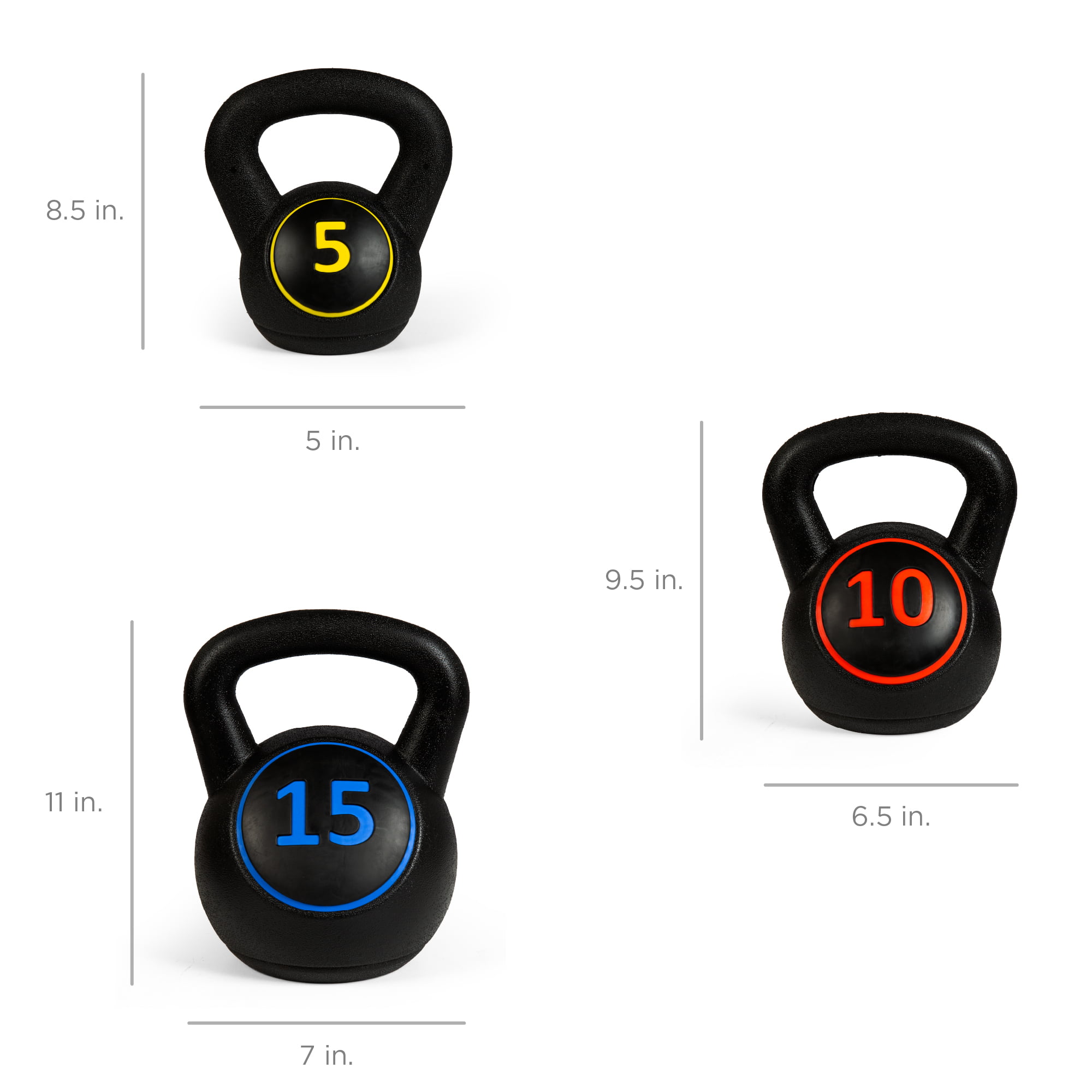 Ezone Kettlebell Set with Storage Rack 3-Piece Exercise Fitness Concrete Weights HDPE Coated Concrete Weights 5LB 15LB 10LB