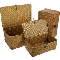 3 Pack Wicker Shelf Baskets Bin with Lid, Handwoven Basket Storage Bins Rectangular Household Basket Boxes,Makeup Organizer for Shelf Wardrobe Home Organizer(9" 10" 11")