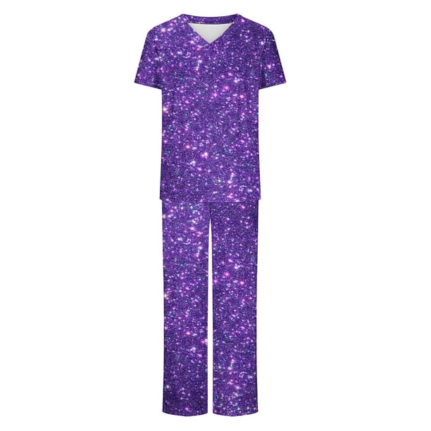 Camisetas de Manga Larga Mujeres Imprimir Manga Corta V-Cuello Superior Y Pantalones Largos Traje de Trabajo Conjunto, Nylon para Primavera Verano Casual