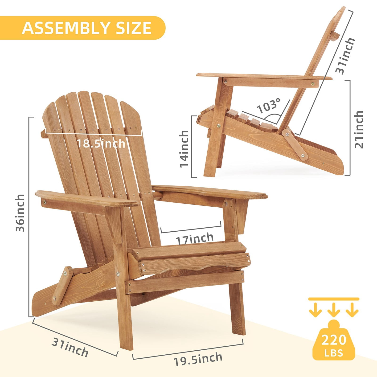 Hitop&nbsp;Wooden Outdoor Folding Adirondack Chair Set of 2 Wood Lounge Patio Chair for Garden,Garden, Lawn, Backyard, Deck, Pool Side, Fire Pit,Half Assembled,