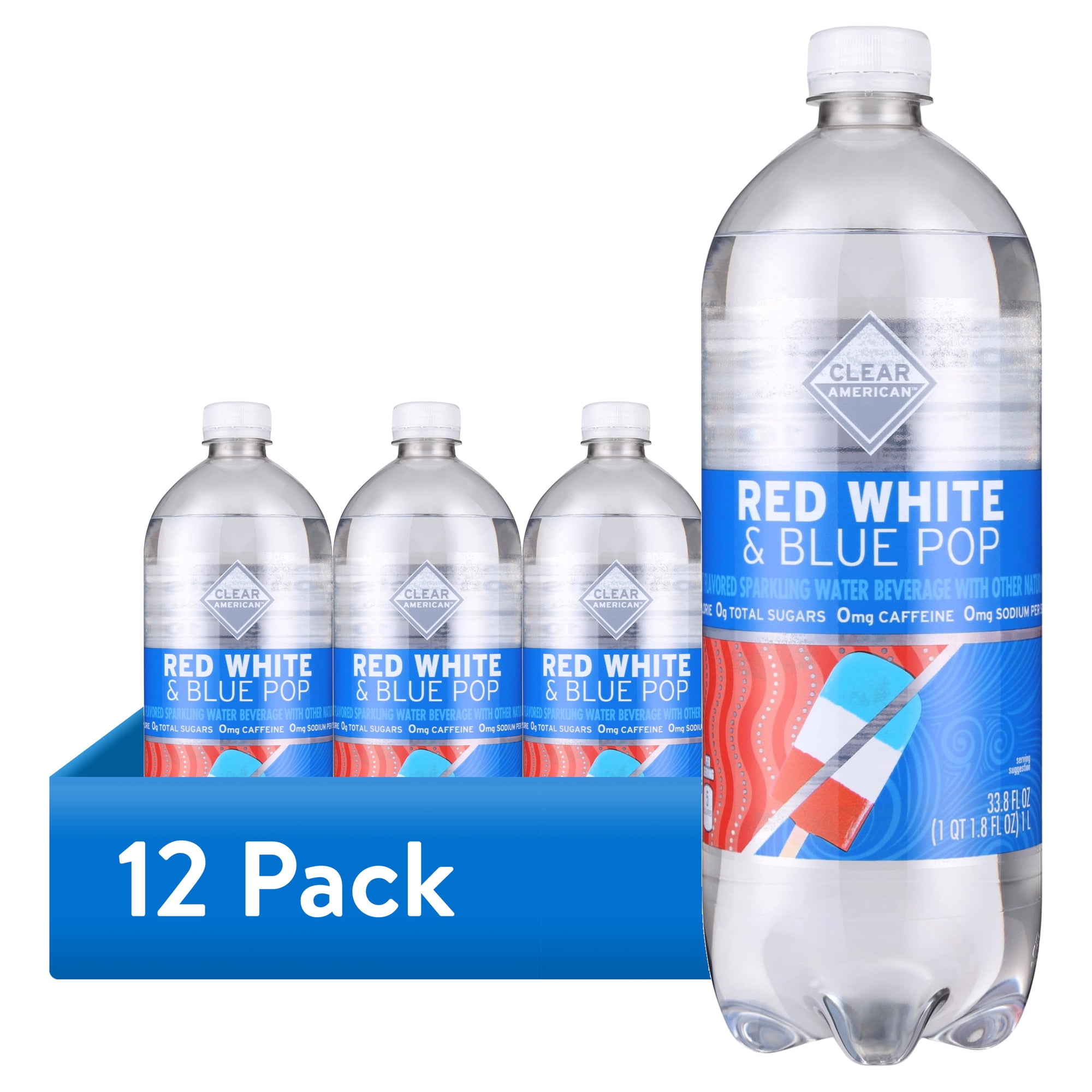 (12 pack) Clear American Red, White, and Blue Pop Flavored Sparkling Water, 33.8 fl oz Bottle