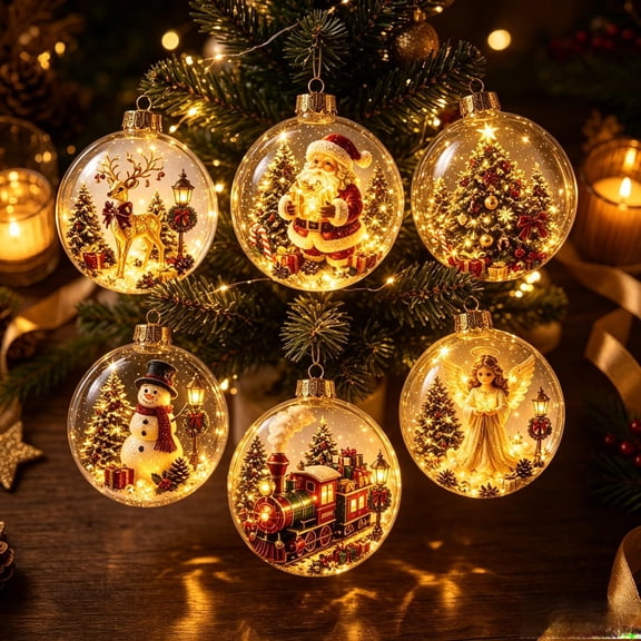 Fountwell Glowing Christmas Story Ornament 3.15in LED Light Up Holiday Ball for Tree Mantel(1 or 6 Pack)