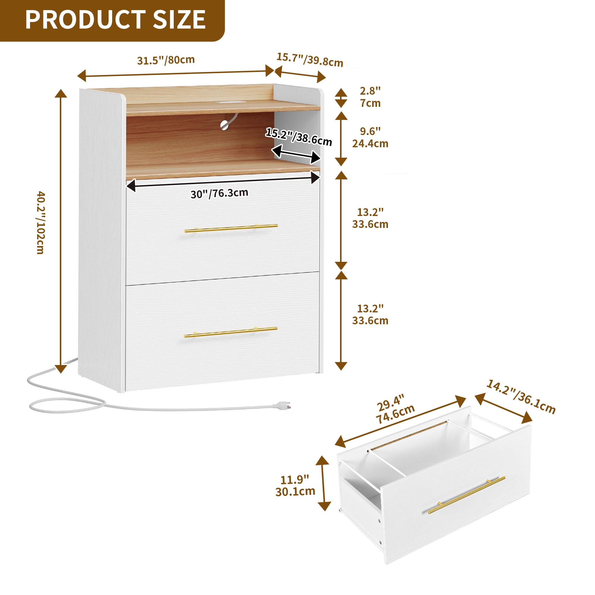 Uforic File Cabinet with 2 Drawer, Office Storage Filing Cabinet with Charging Station& Printer Shelf for Home Office, White