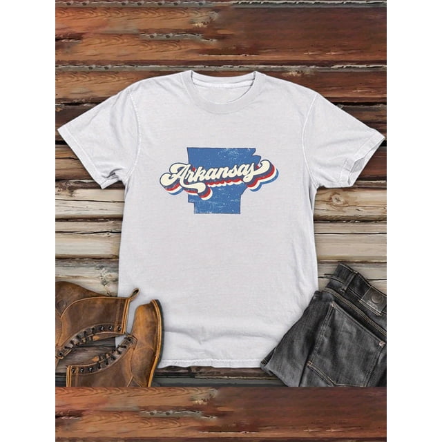 T-shirt Graphique Rétro pour Hommes de l'Arkansas, Décontracté et Respirant, à Manches Courtes avec Design Bleu et Rouge