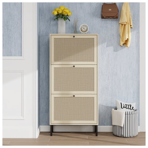 Rattan 3 Door Shoe Rack, Freestanding Modern Shoe Storage Cabinet, for Entryway