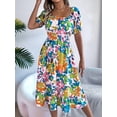 thumbnail image 6 of Women's Short Sleeve A Line Dresses Square Neck Flowy Floral Smocked Midi Dress for Casual Green M, 6 of 10