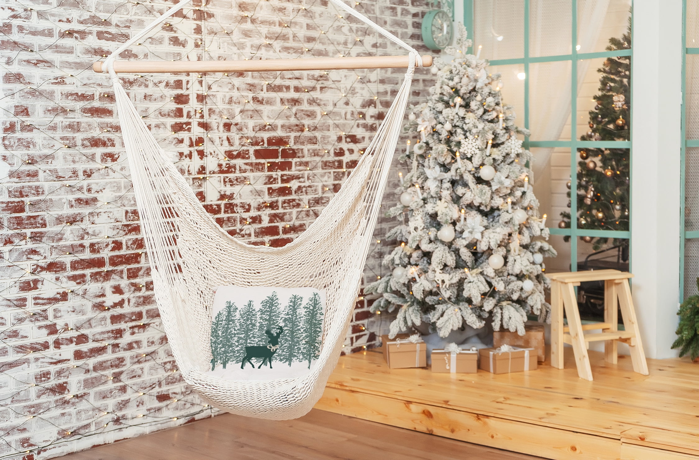 Simply Daisy Christmas Green Colored Reindeer Through the Woods Winter Soft Spun Polyester Indoor/Outdoor Throw Pillow, 16" x 16"