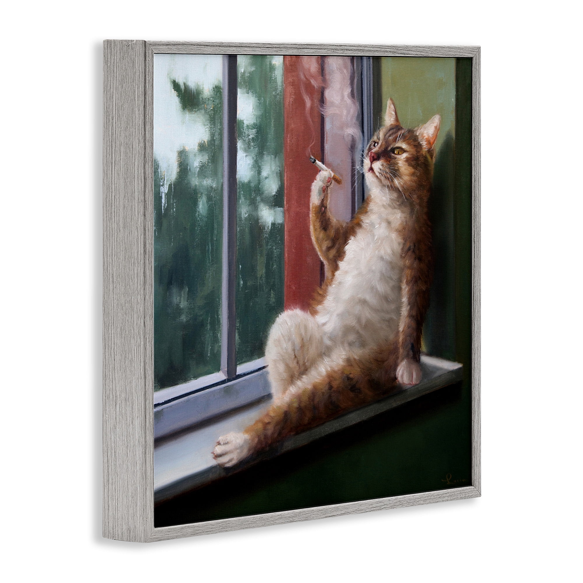 Stupell Industries Cat Smoking Lounging in Window Animals & Insects Painting Gray Framed Art Print Wall Art, 17 x 17