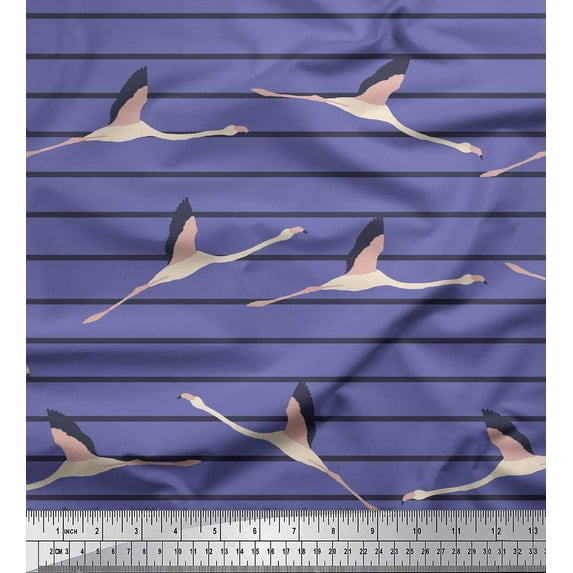 Soimoi Purple Velvet Fabric Flying Flamingo & Stripe Print Fabric by the Yard 58 Inch Wide