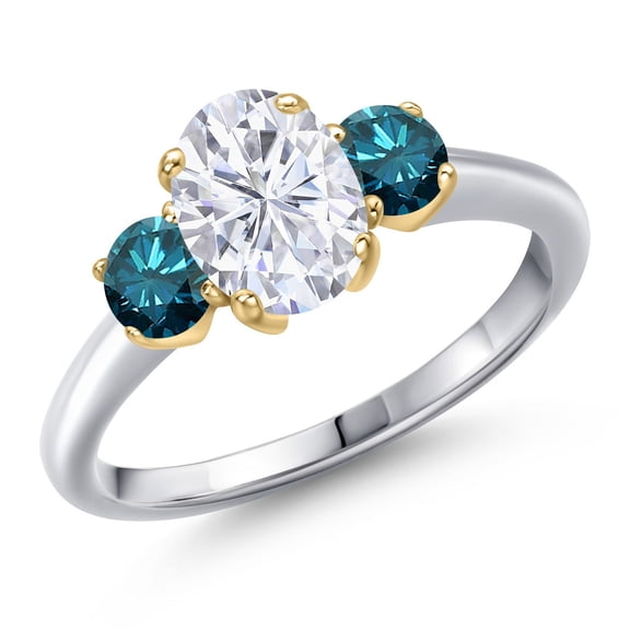 Gem Stone King 10K Two Tone Gold White Moissanite and Blue Diamond Engagement Ring for Women | 2.04 Cttw | Oval 8X6MM | Gemstone Birthstone | Size 6