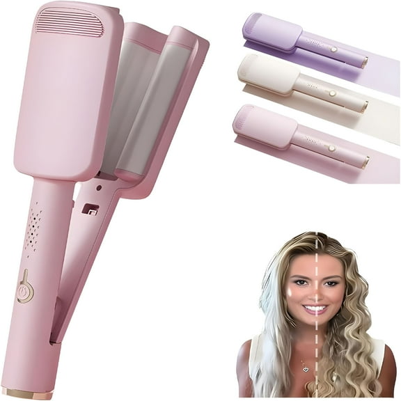 HIBIBUD Hair Waver Crimper, Curling Iron Hair Crimper Waver, Beach Waves Curling Wand, Ionic Deep Waver Hair Curler Tool with Ceramic 3 Barrel for Women, Dual Voltage, Anti-Scald, 1.25 Inch (Pink)