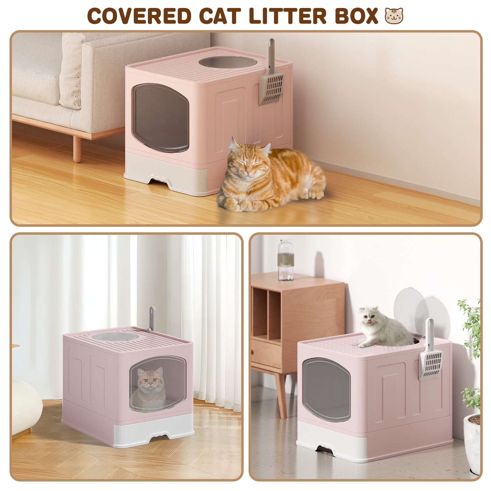 Cshidworld Large Foldable Cat Litter Box with Scoop, Front Entry Top Exit Cat Litter Pan with Lid, Enclosed Anti-Splashing Kitty Litter Box, Drawer Type Cat Litter Easy Cleaning and Scoop, Pink