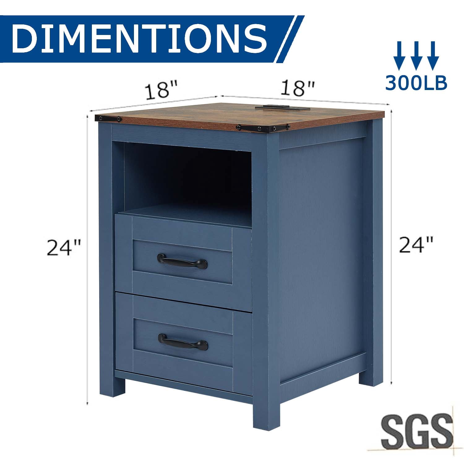 Nightstand with Charging Station,Side Table with 2 Drawers Storage Cabinet for Bedroom, Living Room, Blue