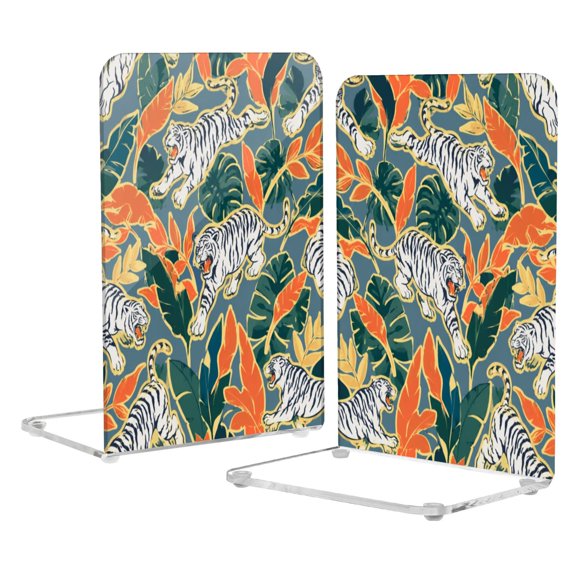 Wobogo Tropical Tiger Acrylic Bookends Clear L-Shaped Book Holder with Non-Slip Pads for Books Files Magazines CD DVD 5.4×4.1×8.1in
