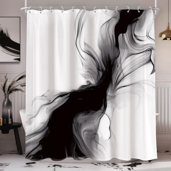 Black and White Shower Curtain Abstract Bathroom Decor, Modern Ombre Grey Minimalist Marble Shower Curtain Set Elegant Ink Texture Neutral Shower Curtain Fabric with Hooks 72"W x 84"L (Pack of 1)