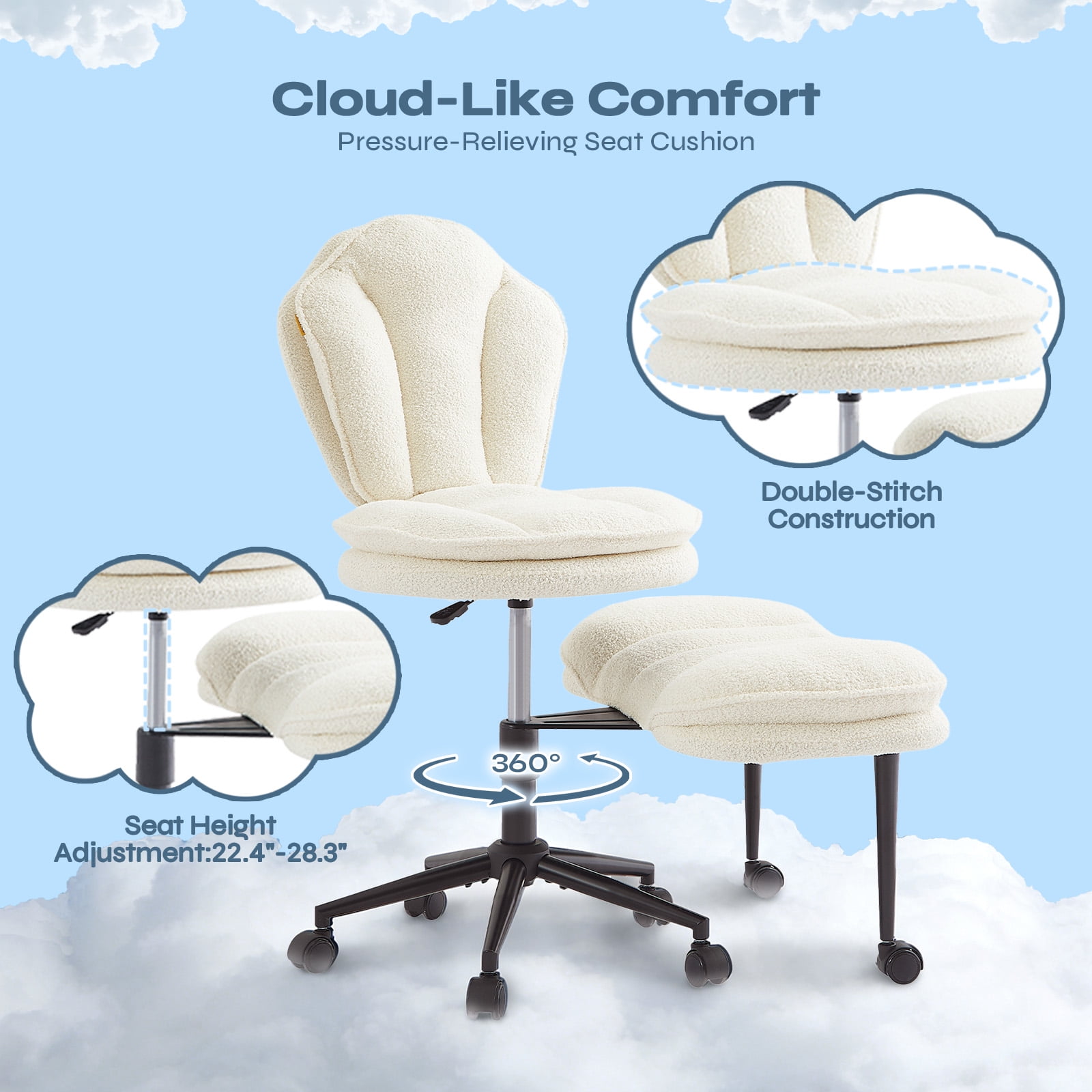 Pinmoco Cross Legged Office Chair, White Boucle Ergonomic Criss Cross Swivel Desk Chair, Heavy Duty Wide Seat for Meditation & ADHD, Armless