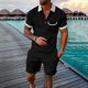 thumbnail image 2 of Mens Casual Pantalones Turndown Cuello Manga Corta Mitad Cremallera Blusa Y Bolsillos Pantalones Traje Deportivo para Diario, 2 of 9