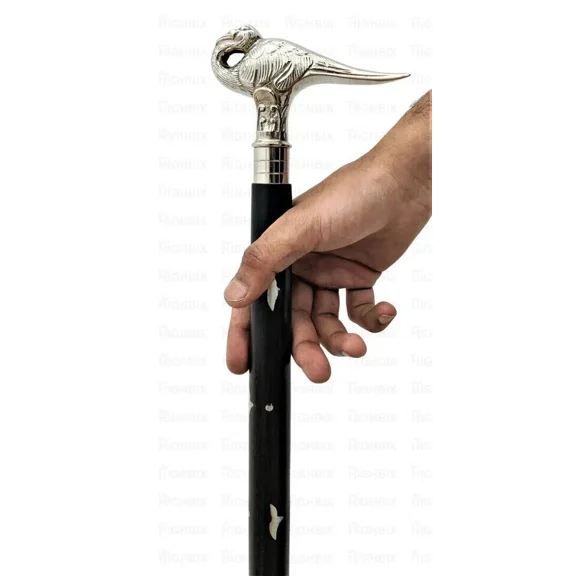 Vintage Silver Peacock Handle Walking Cane, Elegant Wooden Cane for Men & Women