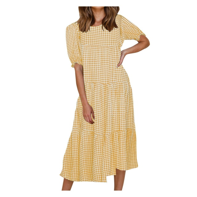 Pompotops Femmes Sexy à Manches Bubble plaid Imprimé patchwork Robe Jupe en Vrac