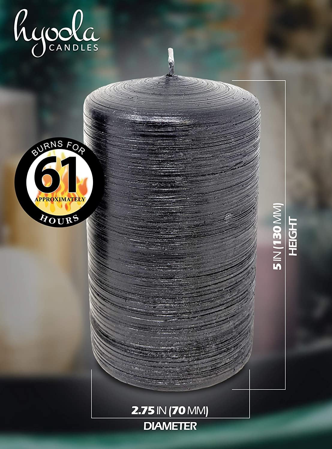 Hyoola, 2.75 x 5 Unscented Black Brushed Metallic Rustic Pillar Candles, Paraffin Wax with Cotton Wicks, 6-Pack