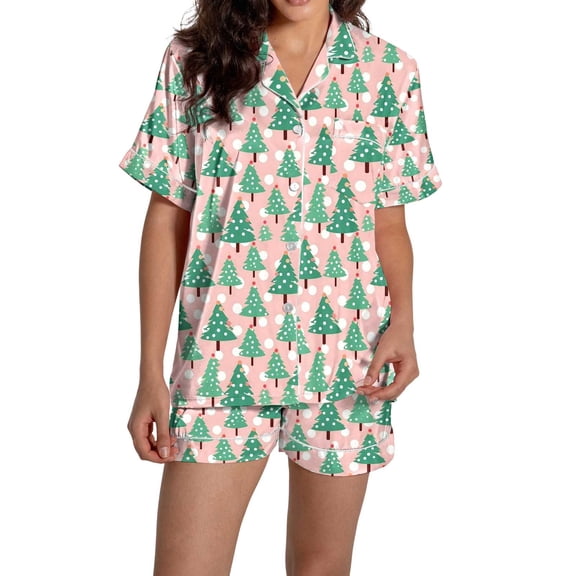 Christmas Pajamas for Women Set Women Pajamas Graphic Printed Silk Satin Cute Sleepwear Buttons Short Sleeve Tops Shorts Sets