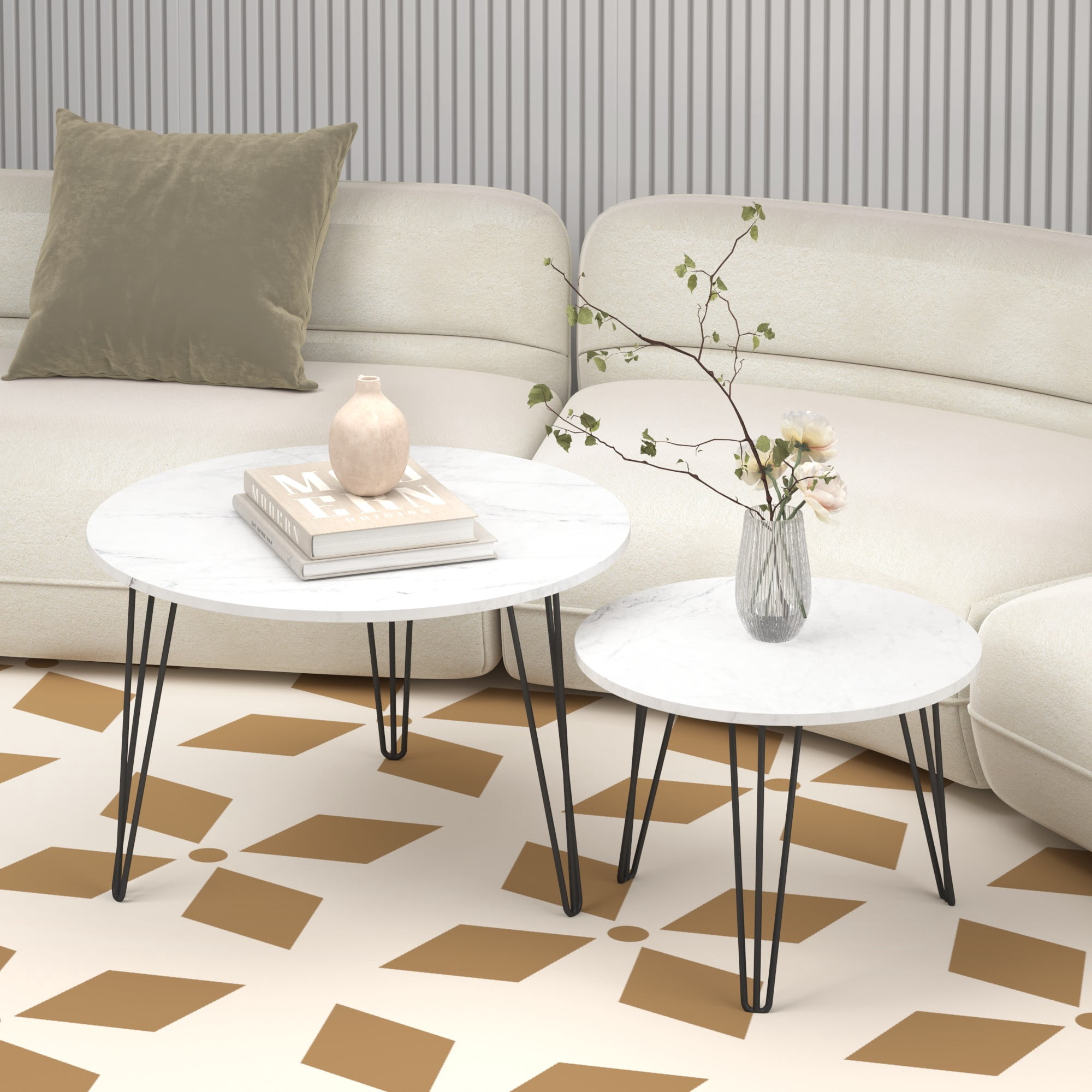 27.56'' Round Nesting Coffee Table Set of 2,Wooden End Table Set, with Metal Base for Living Room,Bedroom,White