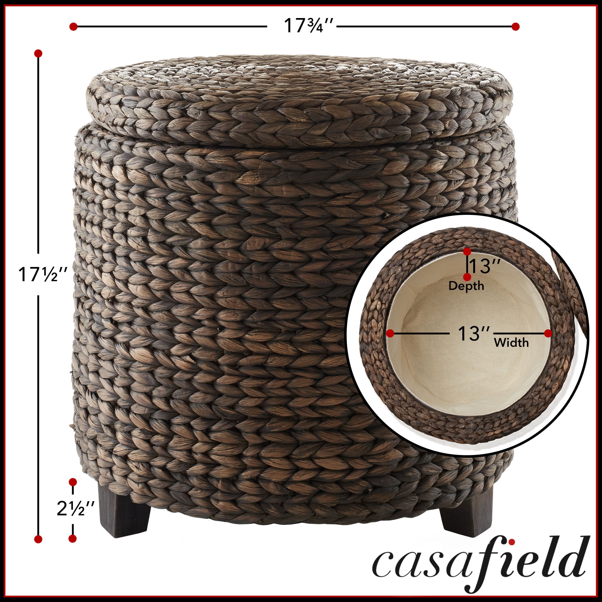 Casafield 17" Round Storage Ottoman with Lid - Espresso Dark Brown, Handwoven Footstool for Living Room, Bedroom, Bathroom, Home Office