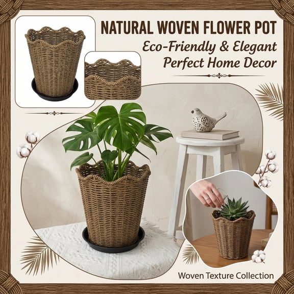 Woven Rattan Style Planter Pot 8.66in Decorative Plant Pot with Scalloped Edge and Tray, Plastic Rattan Weaving Flower Pot for Indoor Outdoor Home Decor