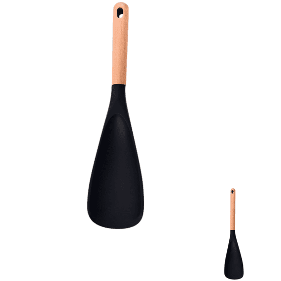 2 Pcs Silicone Spatula Spoon Set, Wood Handle Cooking Spoons, Black Multifunction Spatula Spoon for Kitchen Cooking, Baking