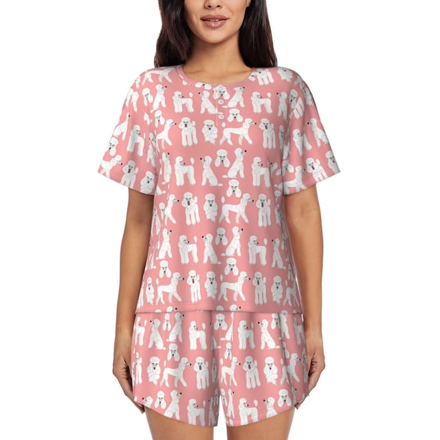 Fotbe Cute Poodle Dog Conjunto de Pijama Estampado para Mujer, 2 Piezas, Ropa de Dormir con Camiseta de Manga Corta y Shorts Suaves-X-Large